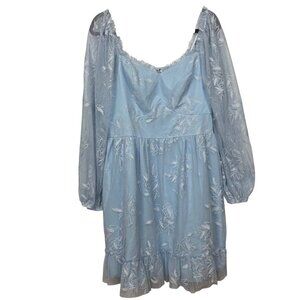 Light Blue Floral Lace Dress With Long Sleeves & Ruffle Hem  2XL  SBETRO